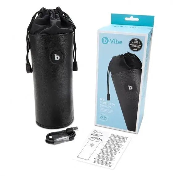 Black leather wine bag with bottle in b-Vibe UV Sterilizer Pouch for Sex Toys