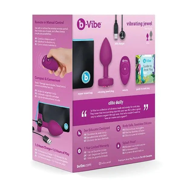 Close-up of a box containing the b-Vibe Vibrating Jewel Plug in a stylish purple design