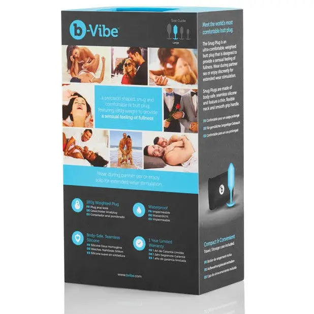 Box of b-Vibe Weighted Snug Plug 3 with image of a man and woman on the cover