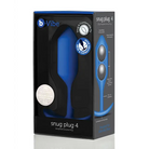 Close up of b-Vibe Weighted Snug Plug 4 box with blue device and remote; smooth grip handle