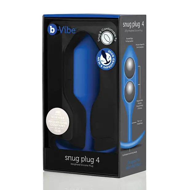 Close up of b-Vibe Weighted Snug Plug 4 box with blue device and remote; smooth grip handle