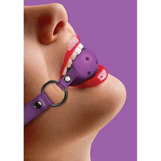 A woman with a purple nose ring wearing a Ball Gag, perfect for kink play enhancement