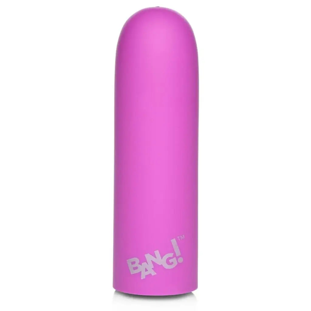 Pink cylindrical 10x mega silicone bullet vibrator with ’BANG!’ text on its side