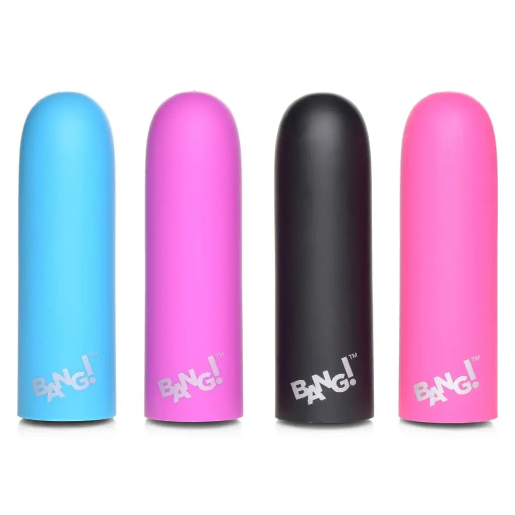 Colorful 10x Mega Silicone Bullet Vibrators in blue, purple, black, and pink labeled ’BANG!’