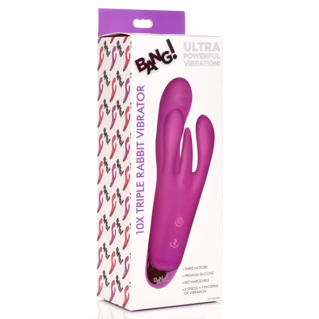 BANG! 10x Triple Rabbit Silicone Vibrator in purple packaging