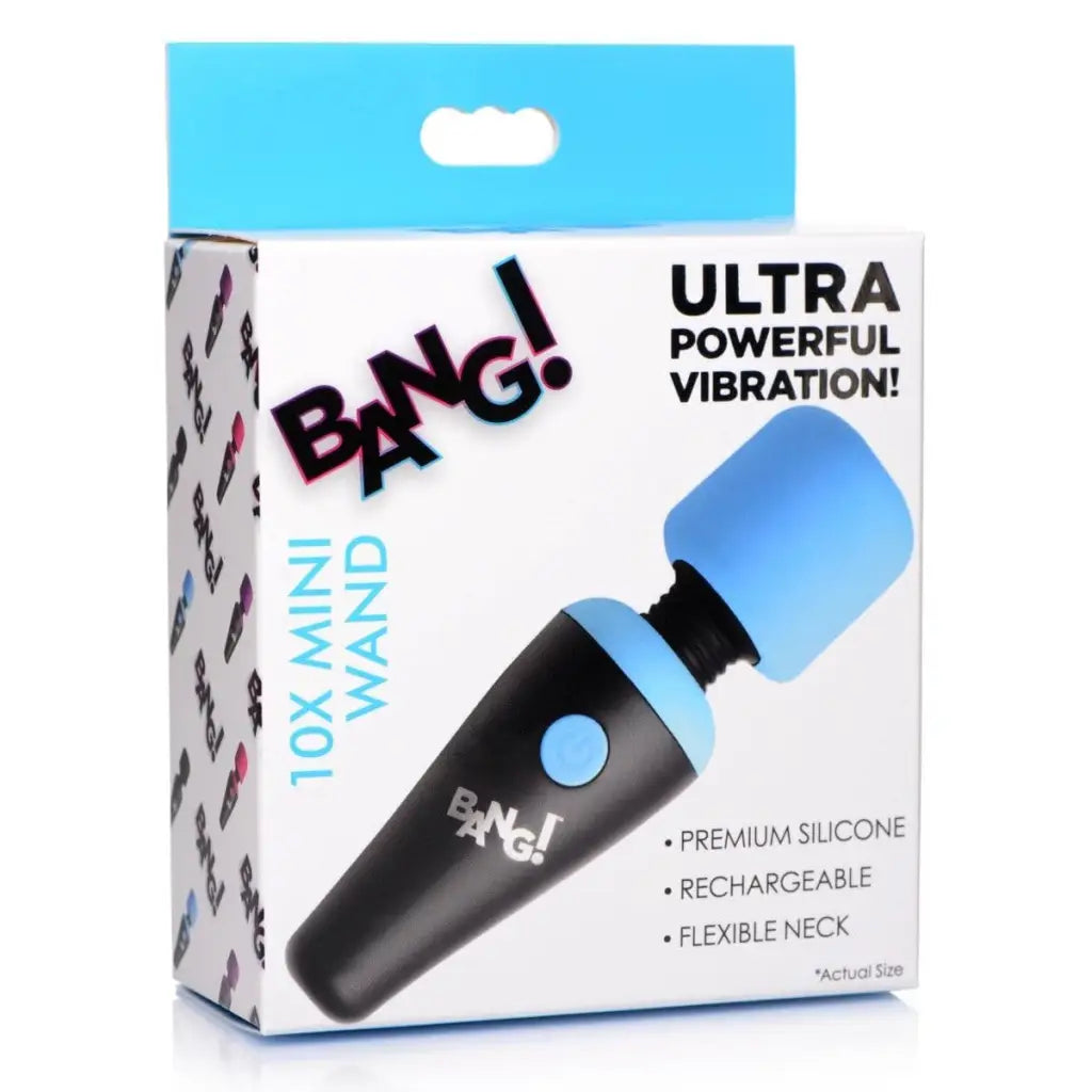 BANG! 10x Ultra Powerful Silicone Mini Wand - Blue & Black Handheld Massager in Packaging