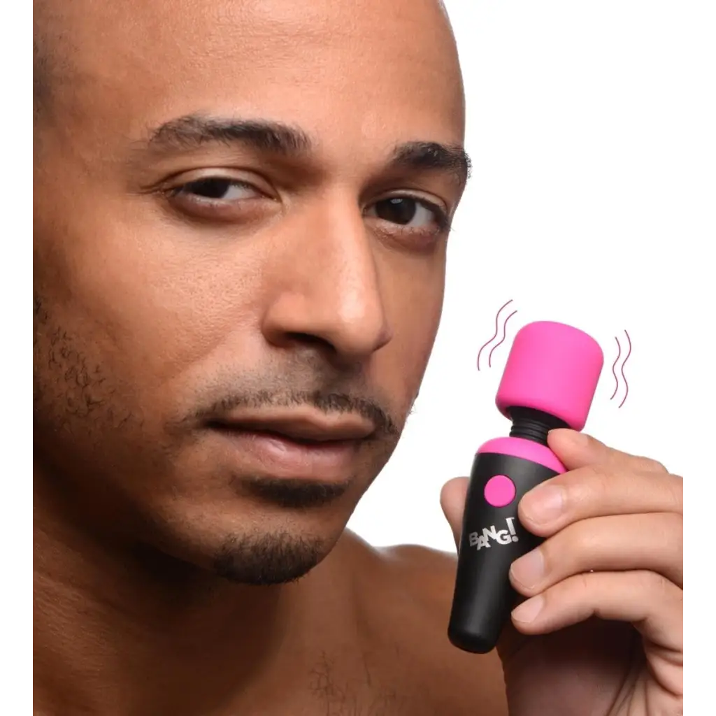 BANG! 10x Ultra Powerful Silicone Mini Wand with vibrating pink head and black handle