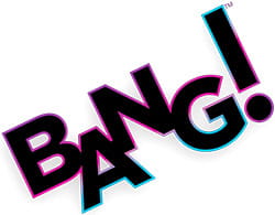 Bold ‘BANG!’ text in black with cyan and magenta offset for 10x Flexible Silicone Rabbit Vibrator.