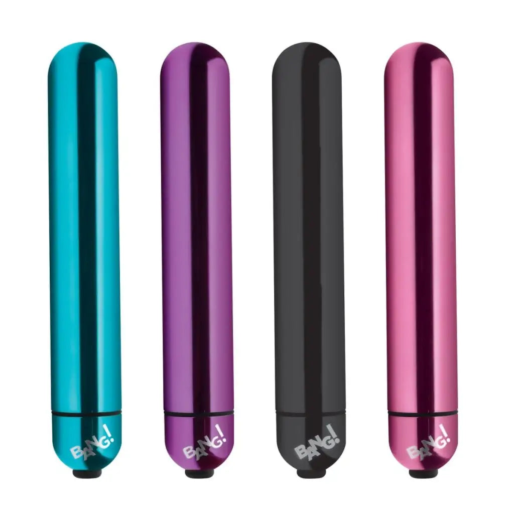 BANG! 3-Speed XL Vibrating Metallic Bullet vibrators in teal, purple, black, pink colors