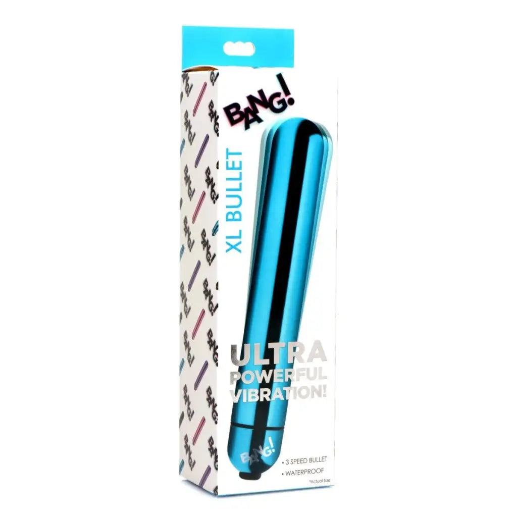 Metallic blue vibrator in packaging labeled ’BANG! XL BULLET’ - BANG! 3-Speed XL Vibrating Bullet