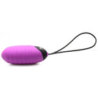 Purple silicone egg vibrator with black handle loop and remote control. Water-based safe