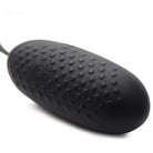 Black silicone egg with remote control and textured surface, perfect for water-based usage