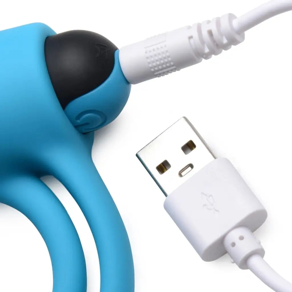 BANG! Blue silicone vibrating cock ring with USB charging cable for ultimate pleasure