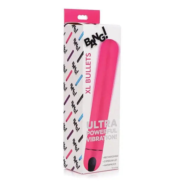 Bright pink BANG! XL Bullet Vibrator in abs plastic displayed in its product packaging