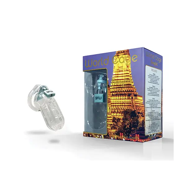 Bangkok World Cage Kit Clear 105mm Cock Cage: Close-up of perfume box with bottle inside