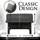 Classic black leather bench with padded cushions and attachment points on white background