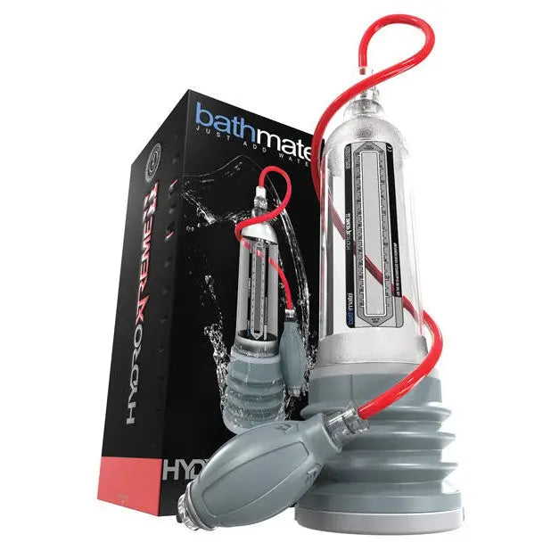 Bathmate Hydroxtreme showing a Penis pump device with packaging labeled ’Bathmate Hydromax’