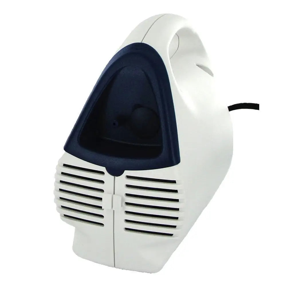 Compact white and navy blue bionic electric pump with ventilation grilles