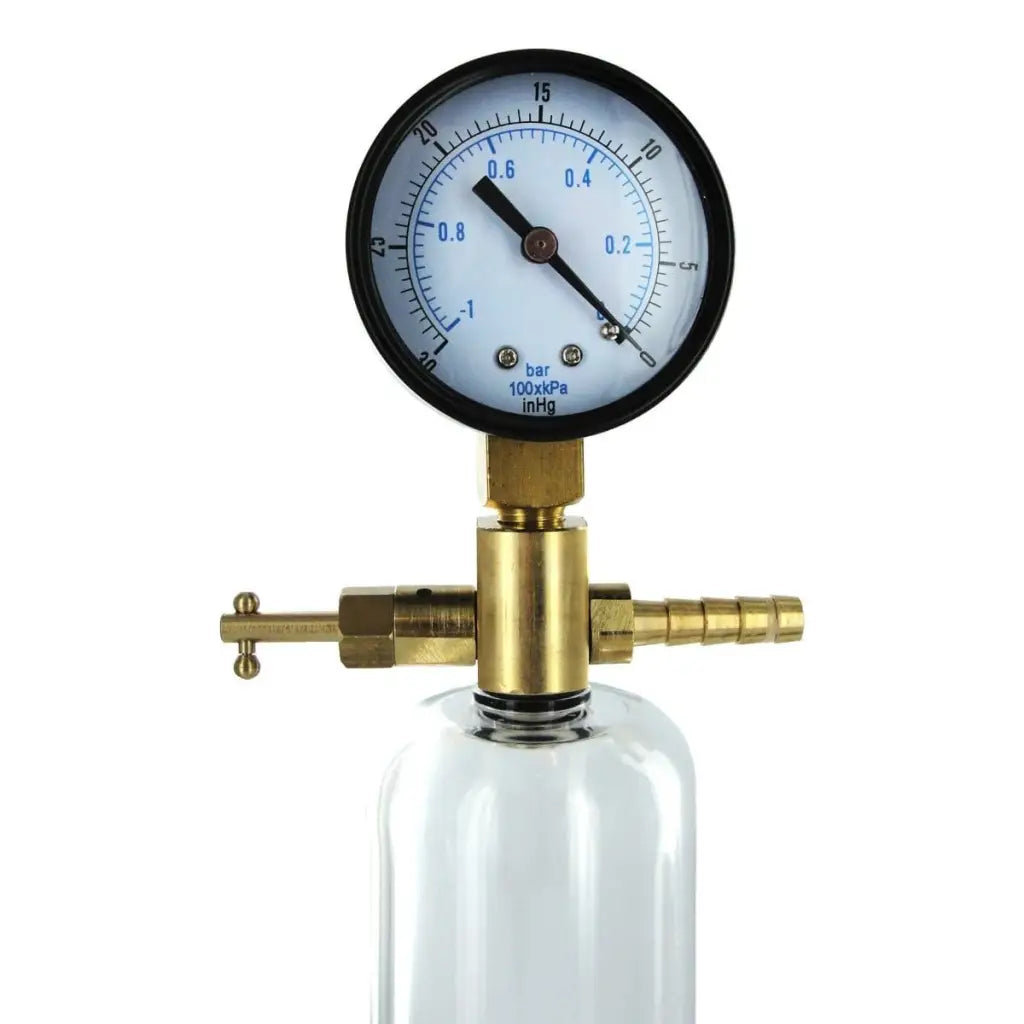 Pressure gauge of Bionic Electric Pump Kit With Penis Cylinder’s white canister with brass fittings