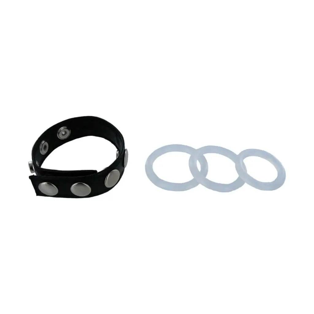 Black leather strap with metal studs and three white silicone rings for Bionic Electric Pump Kit