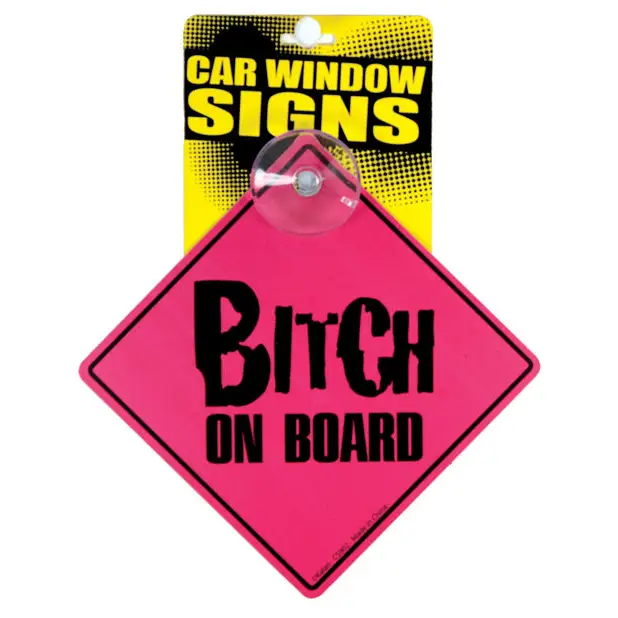 Pink ’Bitch On Board’ car window sign for vehicle decoration and safety awareness