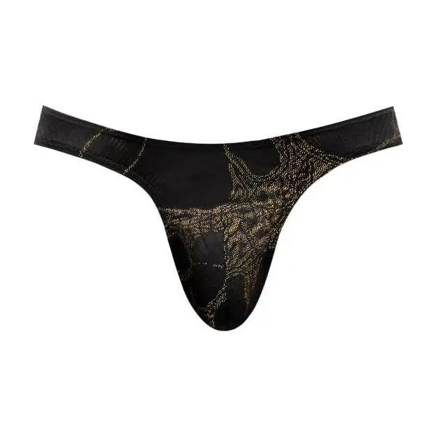 Black Gold Thong: Elegant black thong with intricate gold embroidered floral pattern