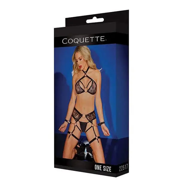 Coquette Lingerie Set One Size Fits Most / Black Black Label Strappy Detail Halter Top, Crotchless Panty, Garters & Restraints Black by Coquette at the Haus of Shag