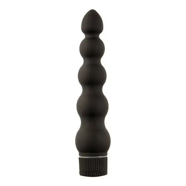 Black Magic 7’ Ribbed Vibe: Black silicone massager with ribbed, tapered shape and textured base