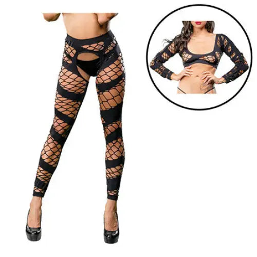 Black Mesh/Fishnet Crotchless Legging - Pink - Pantyhose