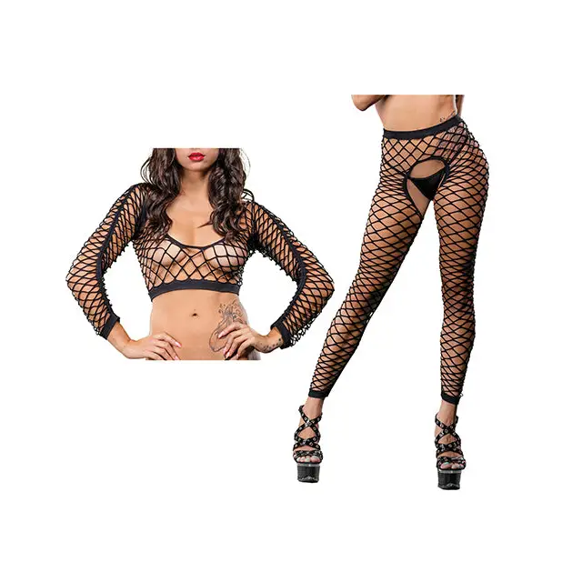 Black Mesh/Fishnet Crotchless Legging - Pink - Pantyhose