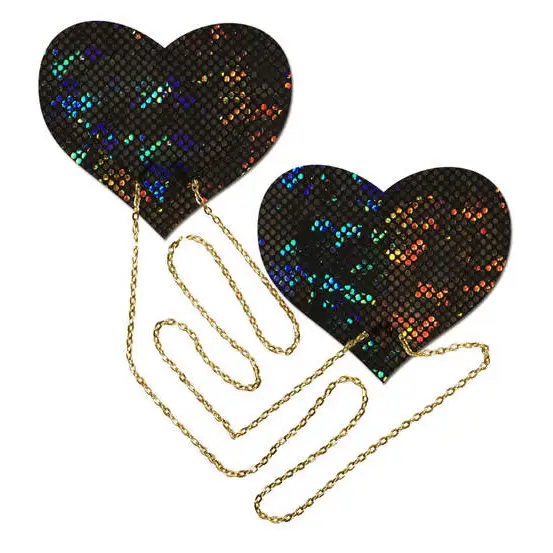 Black Shattered Disco Ball Heart W/ Gold Chains Pasties - Lingerie & Clothing