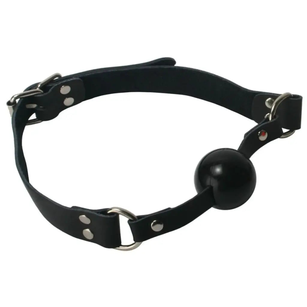 Black silicone ball gag with adjustable straps and metal hardware for bondage play