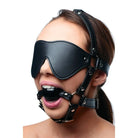 Blindfold Harness And Black Ball Gag: Black leather bondage mask with eye cover and mouth gag