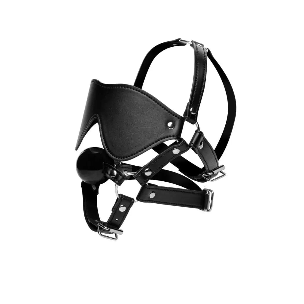 Black leather bondage mask with straps, buckles, and head harness - Blindfold & Black Ball Gag