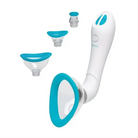 Close up of Bloom Intimate Body Automatic Vibrating Rechargeable Pump with three accessories