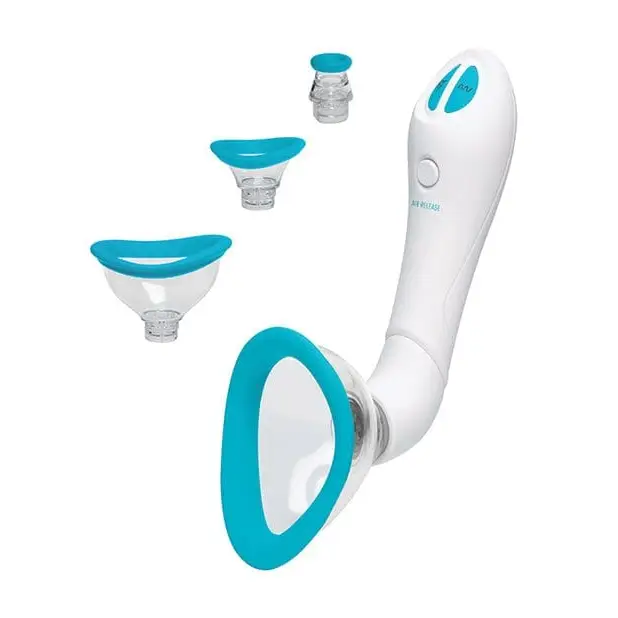 Close up of Bloom Intimate Body Automatic Vibrating Rechargeable Pump with three accessories