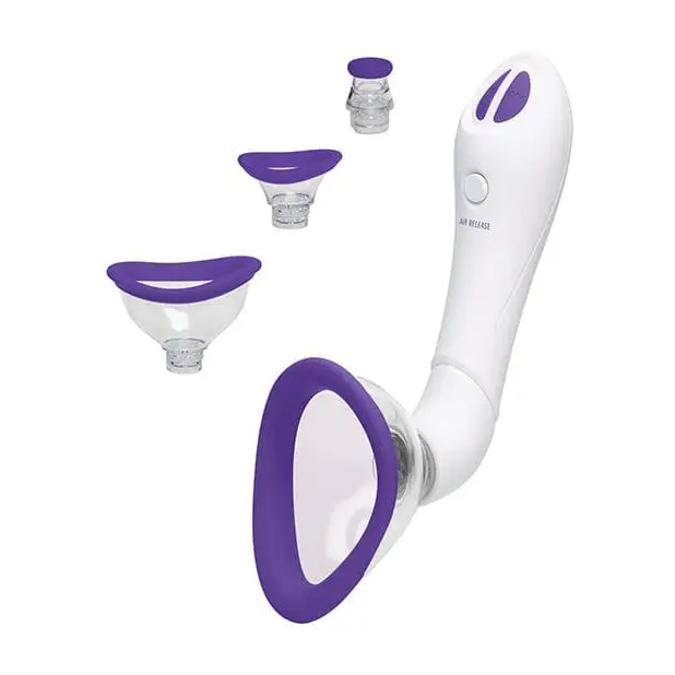 Bloom Intimate Body Automatic Vibrating Pump in purple and white set up for use