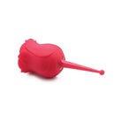 Red silicone menstrual cup included with Bloomgasm Rose Buzz 7X Clit Stimulator and Vibrator