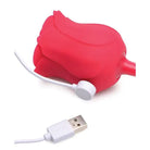 Bloomgasm Rose Buzz: Red rose-shaped stimulator with earbud and USB cable