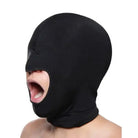 Black full-face mask with blow hole open, featuring an open mouth spandex hood design