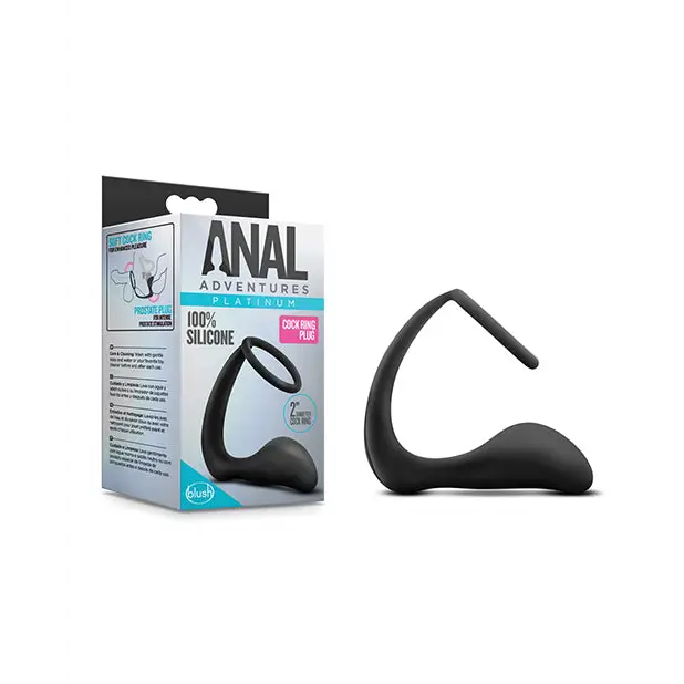 Blush Anal Adventures Platinum Silicone Cock Ring Plug - Black - Cock Ring and Plug