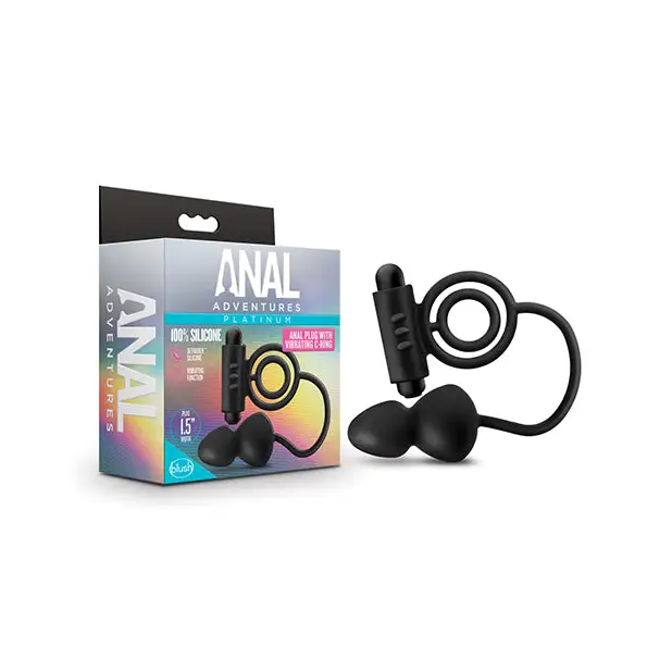 Blush Anal Adventures Platinum Silicone Anal Plug with Vibrating Cock Ring - Black - Cock Ring and Plug