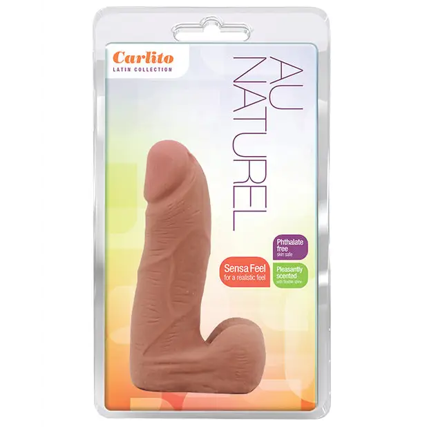 Blush Au Naturel Carlito 5’ dual density dildo with balls in retail packaging