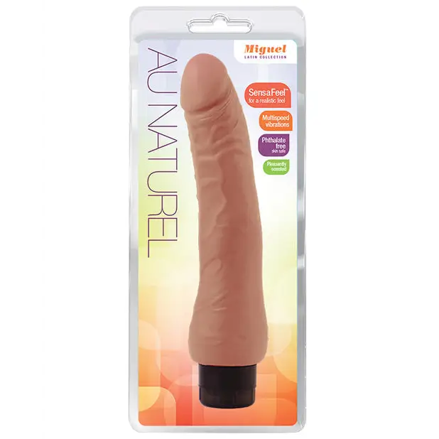 Close up of Blush Au Naturel Miguel 10 in. Dual Density Vibrating Dildo in package