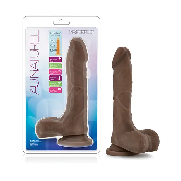 Blush Au Naturel Mister Perfect 8.5 in. Posable Dual Density Dildo with Balls & Suction Cup Brown - Chocolate