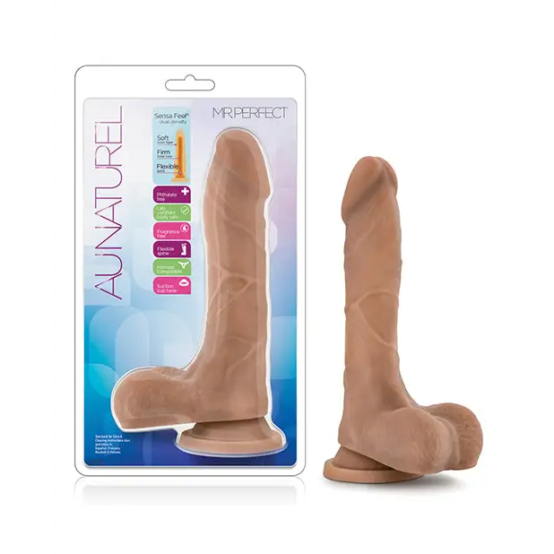 Blush Au Naturel Mister Perfect 8.5 in. Posable Dual Density Dildo with Balls & Suction Cup Brown - Mocha - Realistic