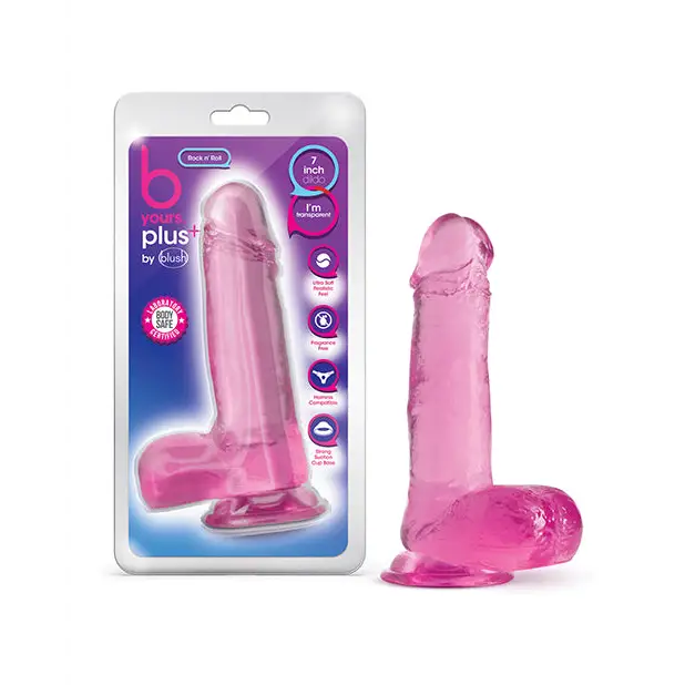 Blush B Yours Plus Rock n’ Roll 7 in. Dildo with Balls & Suction Cup Clear - Pink - Realistic Dildo