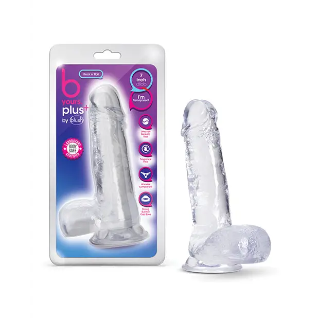 Blush B Yours Plus Rock n’ Roll 7 in. Dildo with Balls & Suction Cup Clear - Clear - Realistic Dildo