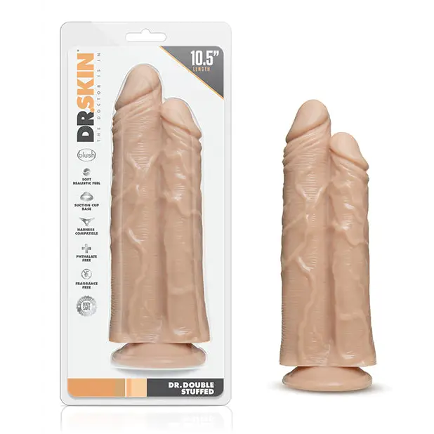 Blush Dr. Skin Dr. Double Stuffed 10.5 in. Double Shaft Dildo with Suction Cup Beige - Double Ended Dildo