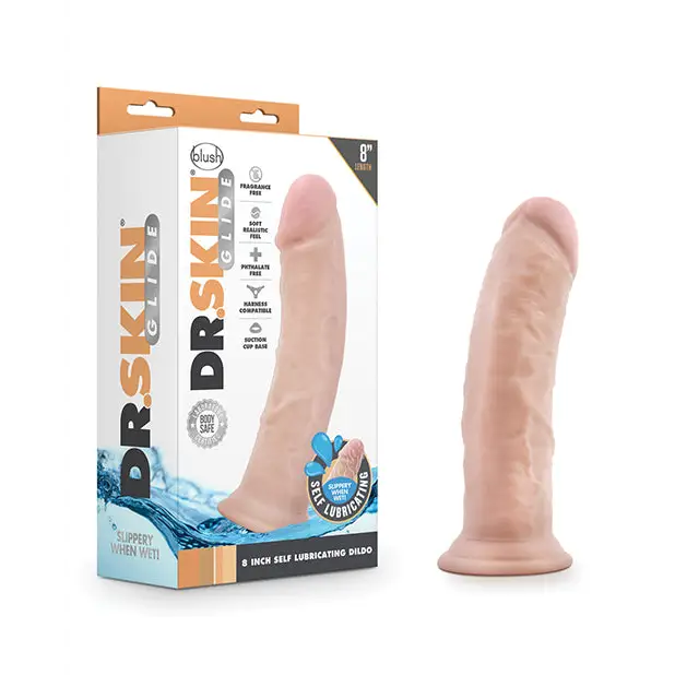 Blush Dr. Skin Glide 8’ Self-Lubricating Dildo with Suction Cup in Natural Brown Flesh